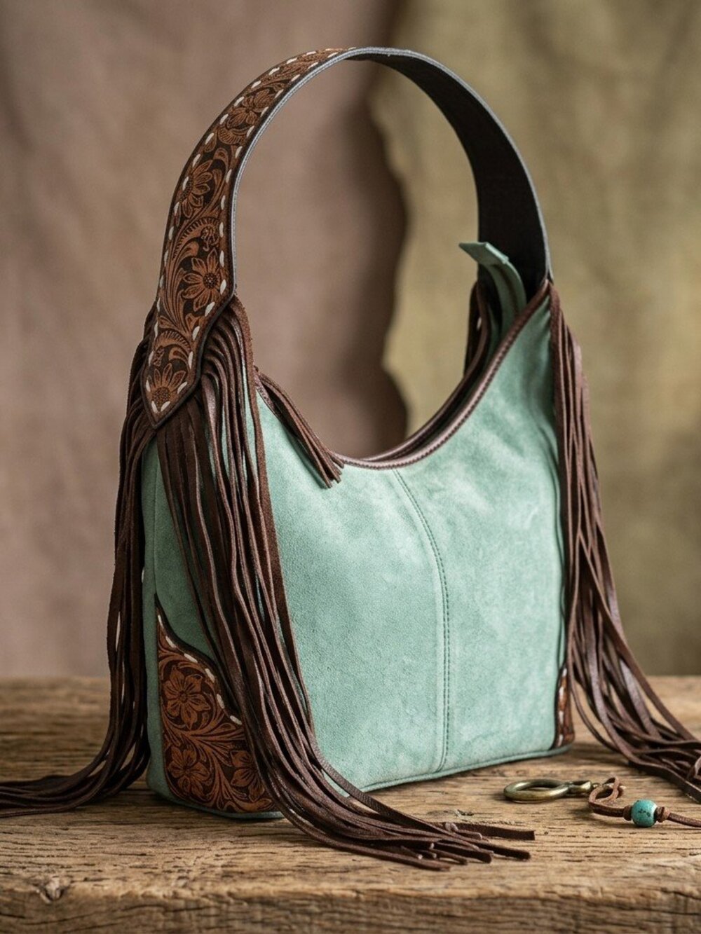 American Darling Turquoise Skys Boho Fringe Suede Shoulder Bag - Picture 7 of 8